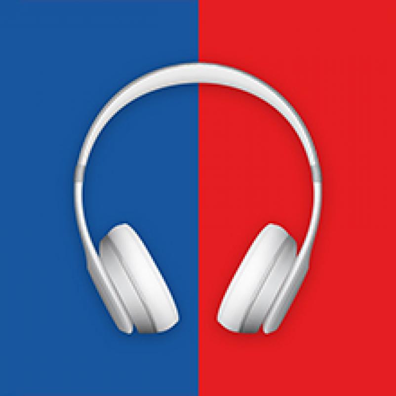 Koptelefoon op een blauw-/rode achtergrond.