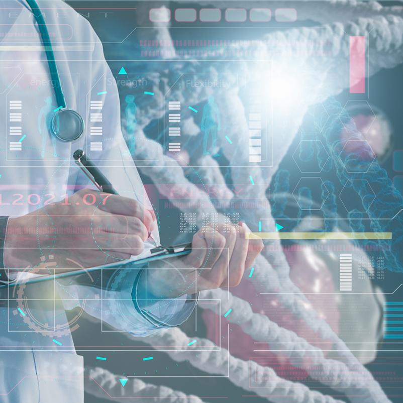 Arts noteert data in een futuristische onderzoekssetting met DNA-visualisatie